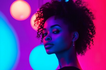 Beautiful african american woman with afro hairstyle in neon light
