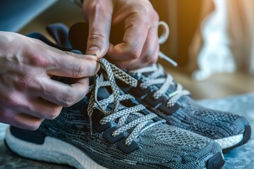 closeup on hands tying laces on finished sneakers - obrazy, fototapety, plakaty