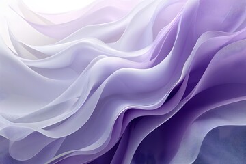 A light background serves as the backdrop for a dynamic composition of sheer purple fabric waves, characterized by their translucent, airy texture. - obrazy, fototapety, plakaty