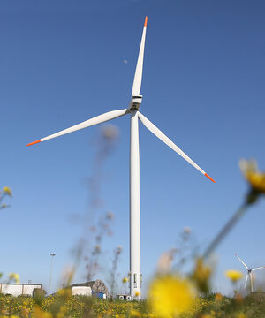 A wind turbine is a device that converts the kinetic energy of wind into electrical energy.