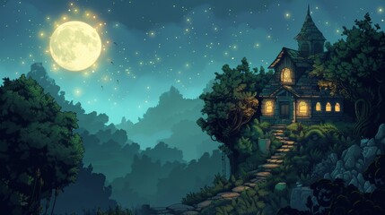 a house on a hill with trees and a moon
