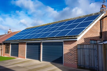 solar panels reflecting the blue sky on a garages pitched roof