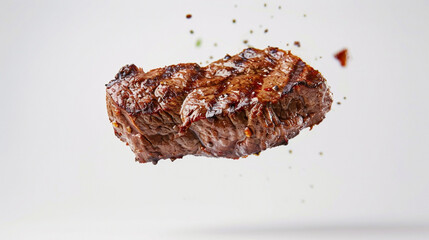 uneven a bit raw and burnt steak meat flying, white background