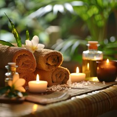 Obraz na płótnie Canvas A serene spa environment with plush towels and burning candles set amidst lush greenery, evoking a sense of natural tranquility.