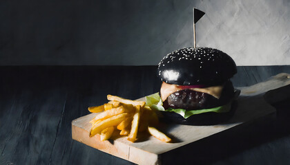 Black hamburger in dark room