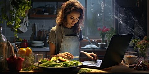 Naklejka premium A woman in the kitchen prepares a dish and looks at the recipe on her laptop.