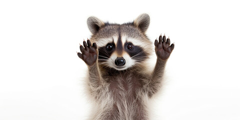 A raccoon stands with its paws raised up on a white background. Layout of an advertising poster for a pet store or veterinary clinic.