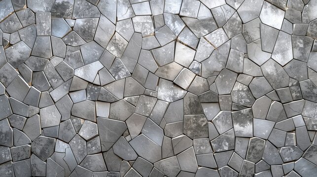 The ethereal hue of a silvery stone wall, adorned with an enigmatic mosaic motif, serving as both a