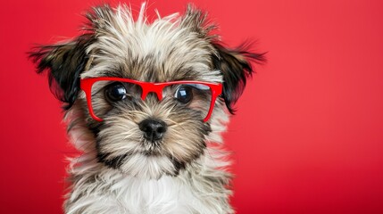Adorable puppy wearing glasses on studio background with copy space for text placement