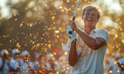 Professional golfball player celebrating the championship win - flying gold confetti
