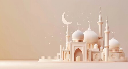 Eid Mubarak Mosque with moon, Islamic mosque, Eid-al-Adha, the Feast of Sacrifice.