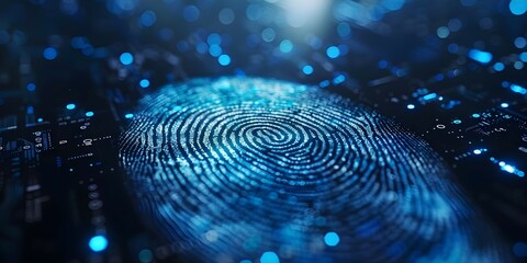 Advanced Security and Surveillance: Fingerprint Scanner Utilizes Cutting-Edge Technology to Access Financial Data. Concept Biometric Authentication, Fraud Prevention, Secure Transactions - obrazy, fototapety, plakaty