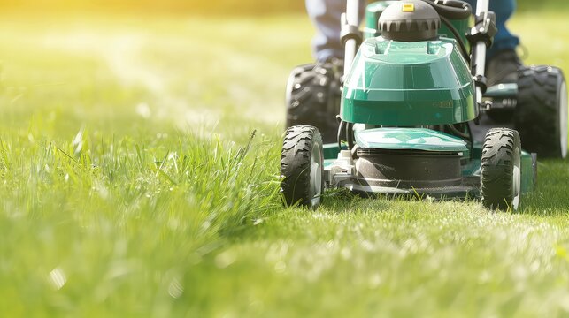 Lawn mower on grass in garden. The lawn mower's sharp blades leave behind a clean-cut path, like a painter's brush on a canvas of green.