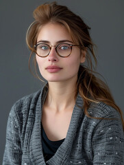 Trendy young woman with tousled hair and round glasses models a knitted jacket fashionably