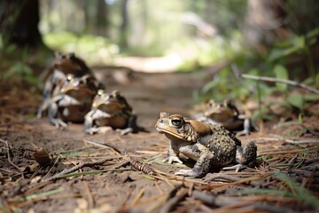 group of toads hopping across a forest trail