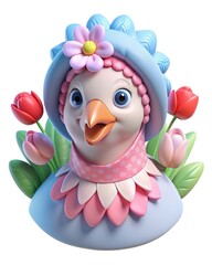 A three-dimensional portrait of a hen in vintage clothes and a hat framed by spring flowers.
