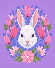 Portrait of a white Easter bunny on a purple background surrounded by a wreath with various spring flowers.