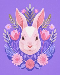 Portrait of a pink Easter bunny on a purple background surrounded by various spring flowers.