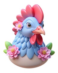 Three-quarter portrait of a hen with blue feathers and pink flowers.