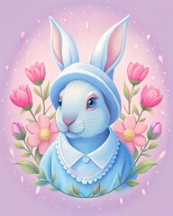 Portrait of a rabbit dressed in vintage, classic clothes against a background of spring flowers.
