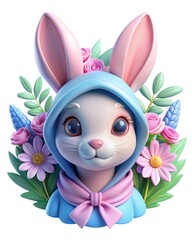 Easter bunny in a hood with spring flowers on the background.