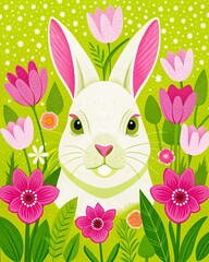 Portrait of the Easter bunny on the background of a green field with various spring flowers.