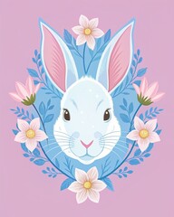 Portrait of a white Easter bunny on a pink background surrounded by a wreath with various spring flowers.