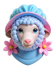 Three-dimensional portrait of a sheep in a cute hat and with pink flowers.