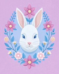Portrait of a white Easter bunny with blue eyes on a pink background surrounded by a wreath of various spring flowers.