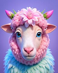 Three-dimensional portrait of a sheep with pink wool and flowers instead of horns.