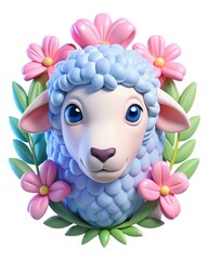 Three-dimensional portrait of a sheep with blue wool on a background of pink spring flowers.