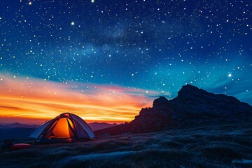 Camping in the mountains at night with starry sky and stars