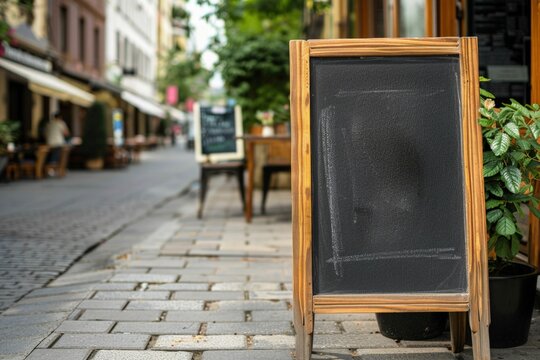 Blackboard sign on the sidewalk of a restaurant, coffee shop, information concept, signage.