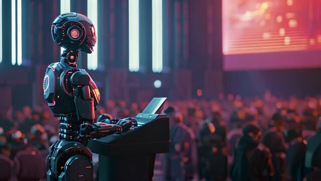 Humanoid Robot Addresses Enthusiastic Audience. Generative ai