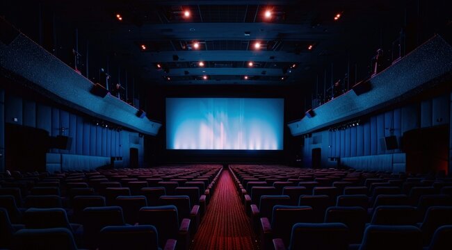 A cinema with rows of seats and a large screen showing a movie, an entertainment concept.