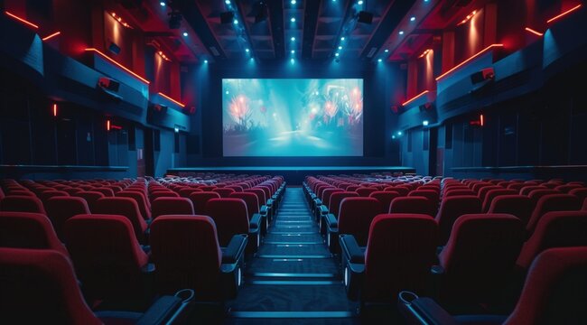A cinema with rows of seats and a large screen showing a movie, an entertainment concept.