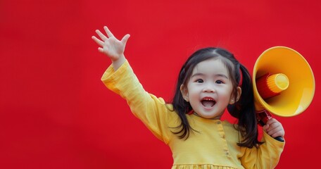Asian child holding a megaphone and shouting, concept of children's day, communication.