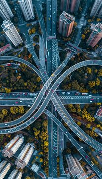Aerial view of complex multilevel highway junction interchange on expressway system