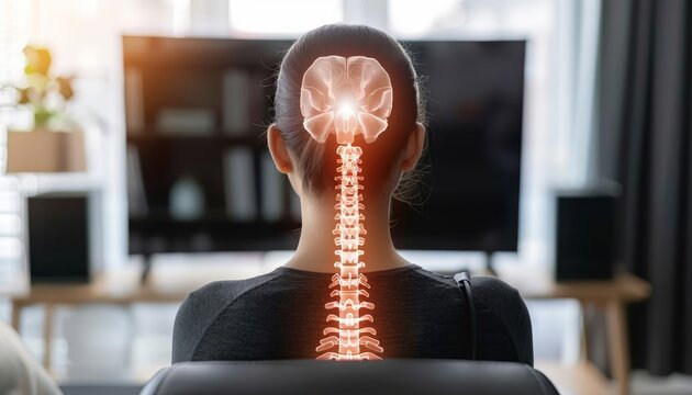 Highlighting the spine of a woman experiencing back pain, digital composite in a home setting