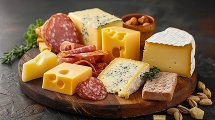 Elegantly arranged charcuterie board with cheeses, meats, fruits, nuts, and appetizers