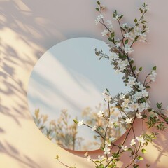 a round mirror with white flowers on a pink wall