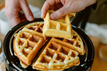 hands lifting golden waffle from iron