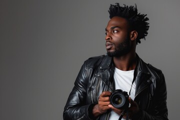 Handsome black man with afro hair holding a camera, world photography day concept. - obrazy, fototapety, plakaty