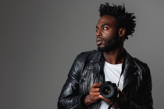 Handsome black man with afro hair holding a camera, world photography day concept.