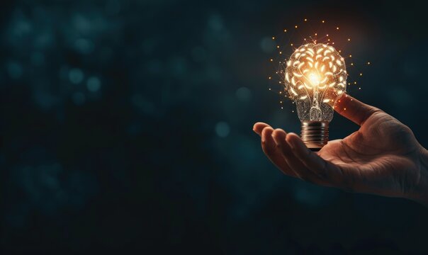 Hand holding a lit light bulb in the shape of a brain, concept of creativity, intelligence and knowledge.