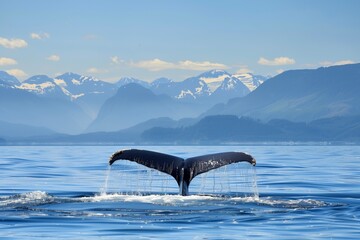 whale tail fluke visible with mountains backdrop - obrazy, fototapety, plakaty
