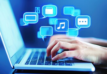 Person typing on his laptop with chat bubbles, concept of technology, communication.
