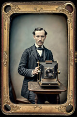 Daguerrotipo de un hombre antigua con su cámara - obrazy, fototapety, plakaty