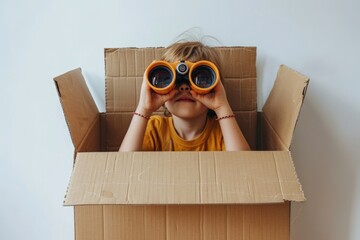 Child playing with binoculars inside a cardboard box, concept of Children's Day and fun.