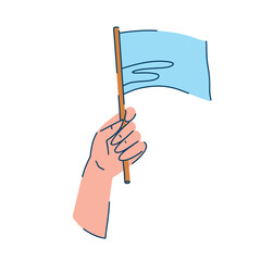 Illustration of a hand holding a pale blue small flag in flat style Fan pride or protest concept
